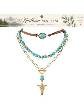 Western Turquoise Beaded Layered Choker Necklace Ox-Head Pendant Women